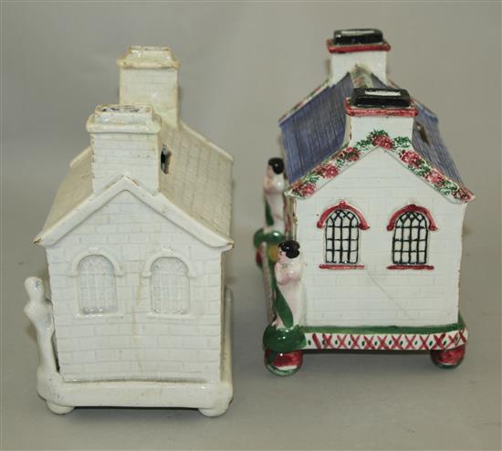 Two Yorkshire pottery money boxes in the form of a chapel, mid 19th century, 17.5cm and 18cm